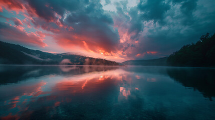 Majestic Sunset Over Tranquil Lake with Reflective Waters