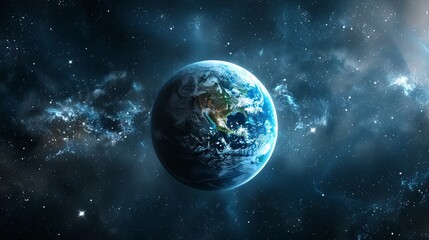 Obraz premium Stunning Image of Earth in Outer Space, Showing Planet's Vibrant Blue Oceans and Continent Details, Surrounded by the Vast Universe and Distant Stars