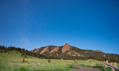 The Flatiron mountains and blue sky at night in summer.  Boulder Colorado United States.