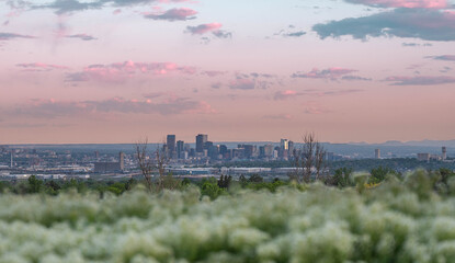 The Sunset  time in Denver , Colorado , USA  Downtown City glowing Nightscape Skyline of the Mile High City.