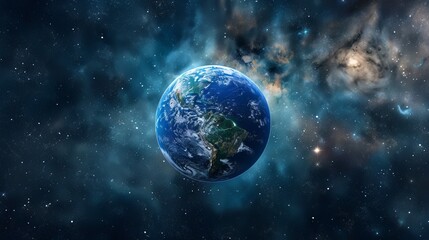 Fototapeta premium Stunning Image of Earth in Outer Space, Showing Planet's Vibrant Blue Oceans and Continent Details, Surrounded by the Vast Universe and Distant Stars