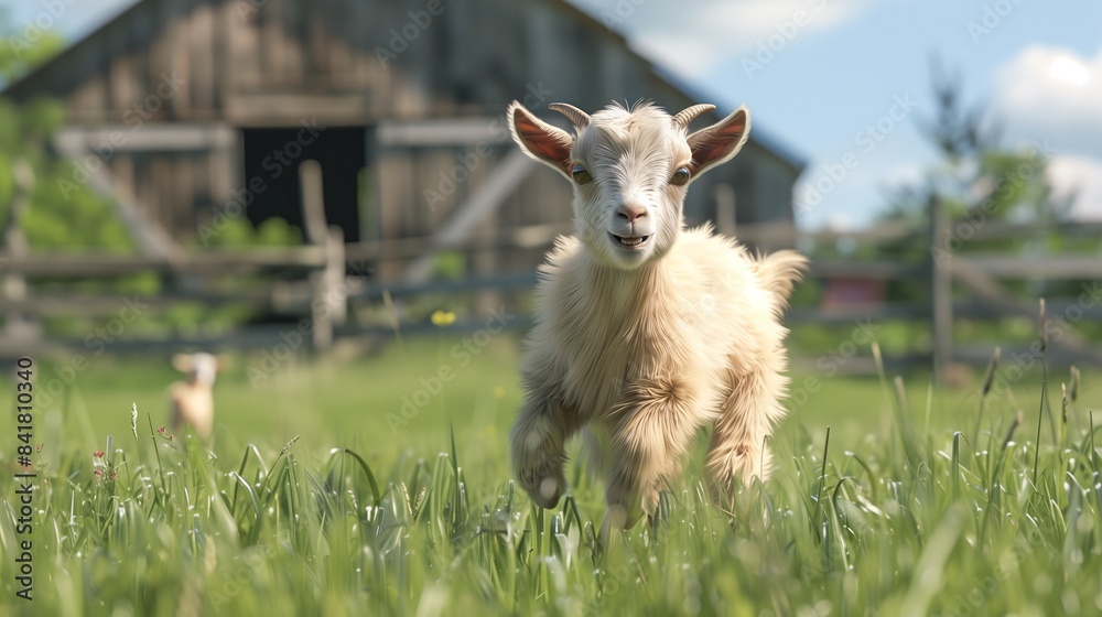 Wall mural A pygmy goat frolicking in a grassy field with a barn in the background