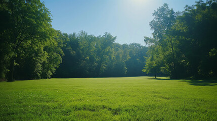 Obraz premium A lush green meadow with a clear blue sky overhead. The foreground is dominated by a vibrant green lawn, while the background is slightly blurred, revealing trees and foliage