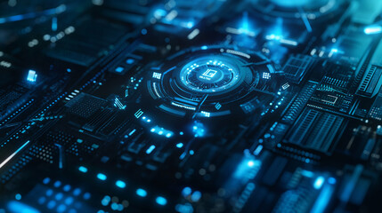 Futuristic Circuit Board with Glowing Blue Lights