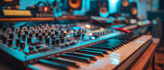 A close-up view of a music production setup. In the foreground, there's a keyboard with illuminated keys, and adjacent to it, a mixer with numerous knobs, sliders, and buttons.