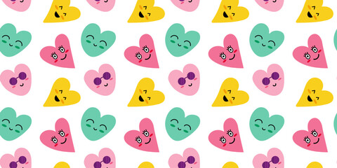 Obraz premium cute groovy naive heart. summer vibe, romantic vibe. vector seamless pattern