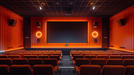 Modern Cinema Hall Interior with Comfortable Seats and Projector Screen