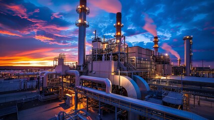 Energy concept image showing a gas turbine power plant operating at full capacity as night falls, highlighting industrial power and efficiency.