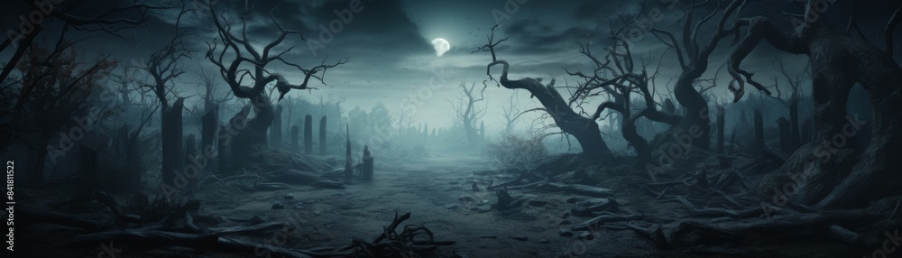 Wall mural spooky foggy haunted forest with full moon