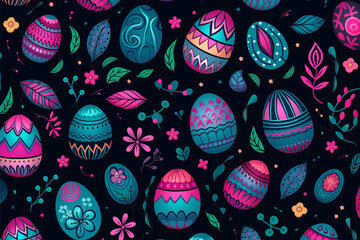 Seamless pattern of colorful easter egg festive seasonal hand drawn with flowers branch illustration
