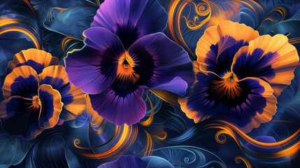 Vibrant Pansy Flowers in Abstract Artistic Swirls