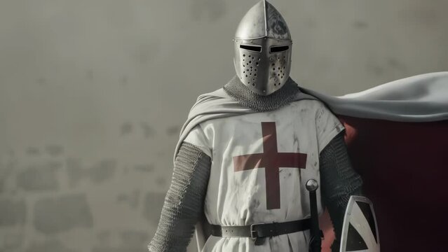 Templar crusader night wearing full armor, medieval times, cross on chest, 4k hd video