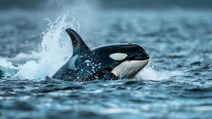 Fototapeta premium majestic orca breaching ocean surface water cascading powerful wildlife photography