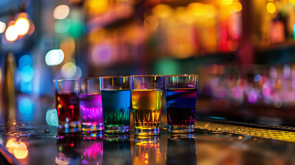 set of small colorful shooters cocktails on bar counter in nightclub, alcohol drink shots in a row, nightlife and party concept