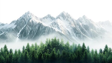 Obraz premium majestic snowcapped mountain peaks in lush evergreen forest isolated on white