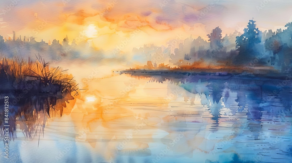 Wall mural majestic sunrise reflecting on calm river surface misty landscape watercolor painting - Wall murals