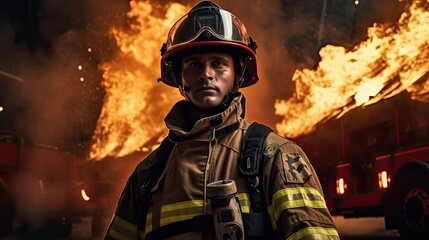 Naklejka premium firefighter in full uniform against the backdrop of flames