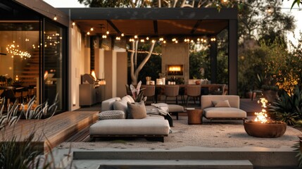 A minimalist-style outdoor lounge area with modular furniture, minimalist fire pit, and string lights, perfect for alfresco entertaining.