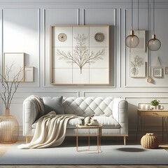 A white couch in A room style interior set design creative engaging unique.