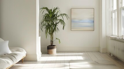 Fototapeta premium minimalist white interior design lush green potted plant accent serene home decor inspiration scandinavian style living space oil paintings