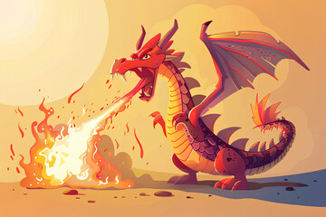 fire dragon, angry dragon, scary dragon, vector, cartoon style, 3d rendering, 2d