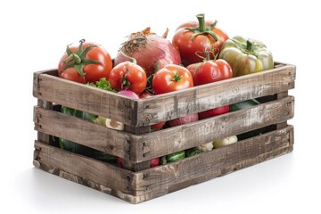wooden box full of colorful fresh vegetables on a white background