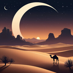Fototapeta premium A serene desert landscape at night with a crescent moo 2