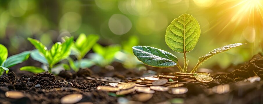 Green plants emerging from soil with scattered coins, symbolizing the intersection of finance and nature, sustainable investment, and growth