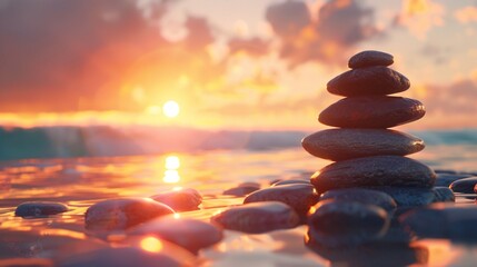 Balancing stones on a tranquil beach during a breathtaking sunset, reflecting the serene beauty of nature and the harmony of the ocean waves -Generative AI