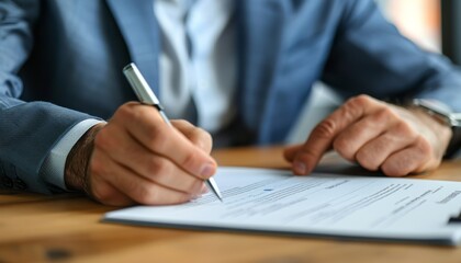 Close-up of a businessman in a suit signing a document on a wooden desk, signifying professionalism and contracts