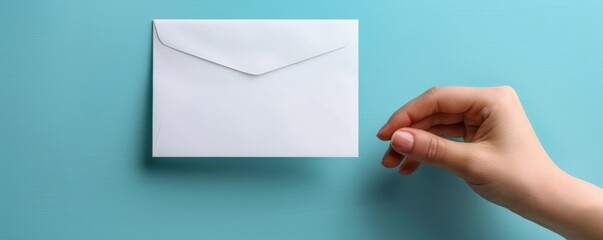 Fototapeta premium A hand holding a white envelope against a blue background, emphasizing personal communication or mailing