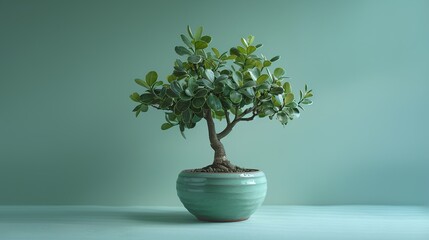 a small plant grows from a round pot in front of a blank light blue wall