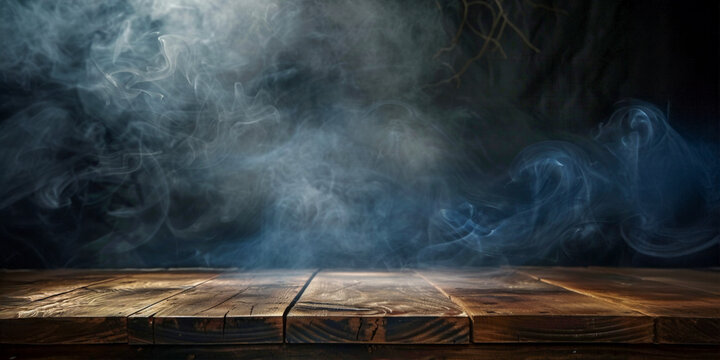 Fondo oscuro con mesa de madera y humo, para presentaci&oacute;n de productos, luz desde la esquina superior izquierda