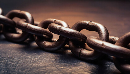 Closeup of metal chains with shallow depth of field, rusted links in blurred background, strength, connections, vulnerability.