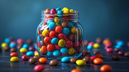 Colorful candy jar on dark wooden table, bright and vibrant sweets concept