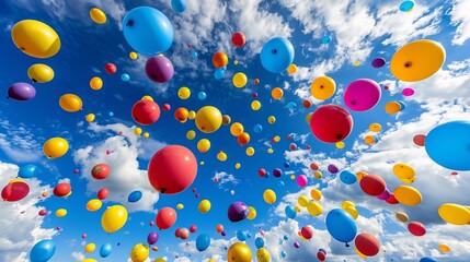 Bright multi-colored balloons flying in the blue sky with clouds.
Concept: school graduation, holiday events, celebration, birthday