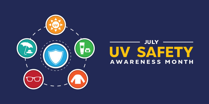 Uv Safety Awareness Month. Great for cards, banners, posters, social media and more. Dark blue background. 
