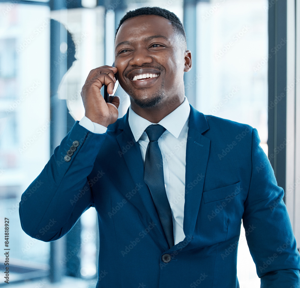 Poster corporate, smile and black man with phone call for communication, discussion and networking in offic