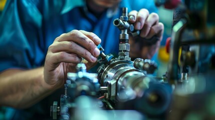 Close-up of a mechanical engineer's hands adjusting a complex component of a machine