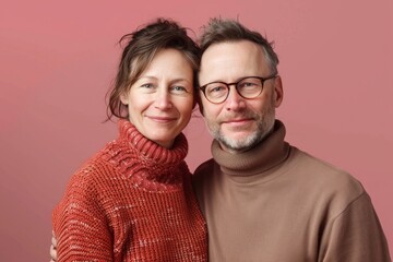 Portrait of a glad caucasian couple in their 40s wearing a classic turtleneck sweater isolated on pastel pink background