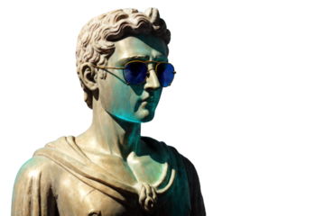 A close up of a stone bust statue wearing sunglasses.