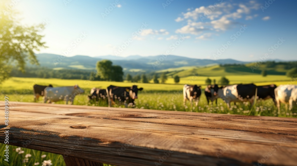 Poster wooden tabletop in a green meadow with cows