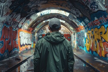 Naklejka premium Man walking through graffiti tunnel