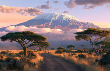 the majestic Mount Kilimanjaro, the highest mountain in Africa, standing majestically against an...