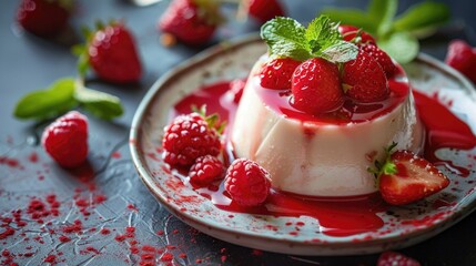 Creamy panna cotta dessert with strawberries and mint