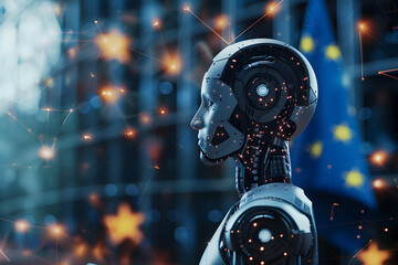 A robot with artificial intelligence on neural networks with a blurred background of the EU flag.