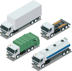 Isometric freight truck, garbage truck, tanker transportation