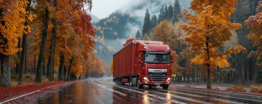 Red DAF semi-truck on autumn forest road