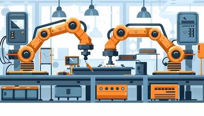 Naklejka premium Flat design manufacturing technology with advanced welding machines, robotic welding, and precision joining