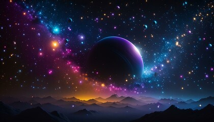 planet in space looking at another planet in space with vibrant colors and stars in the sky